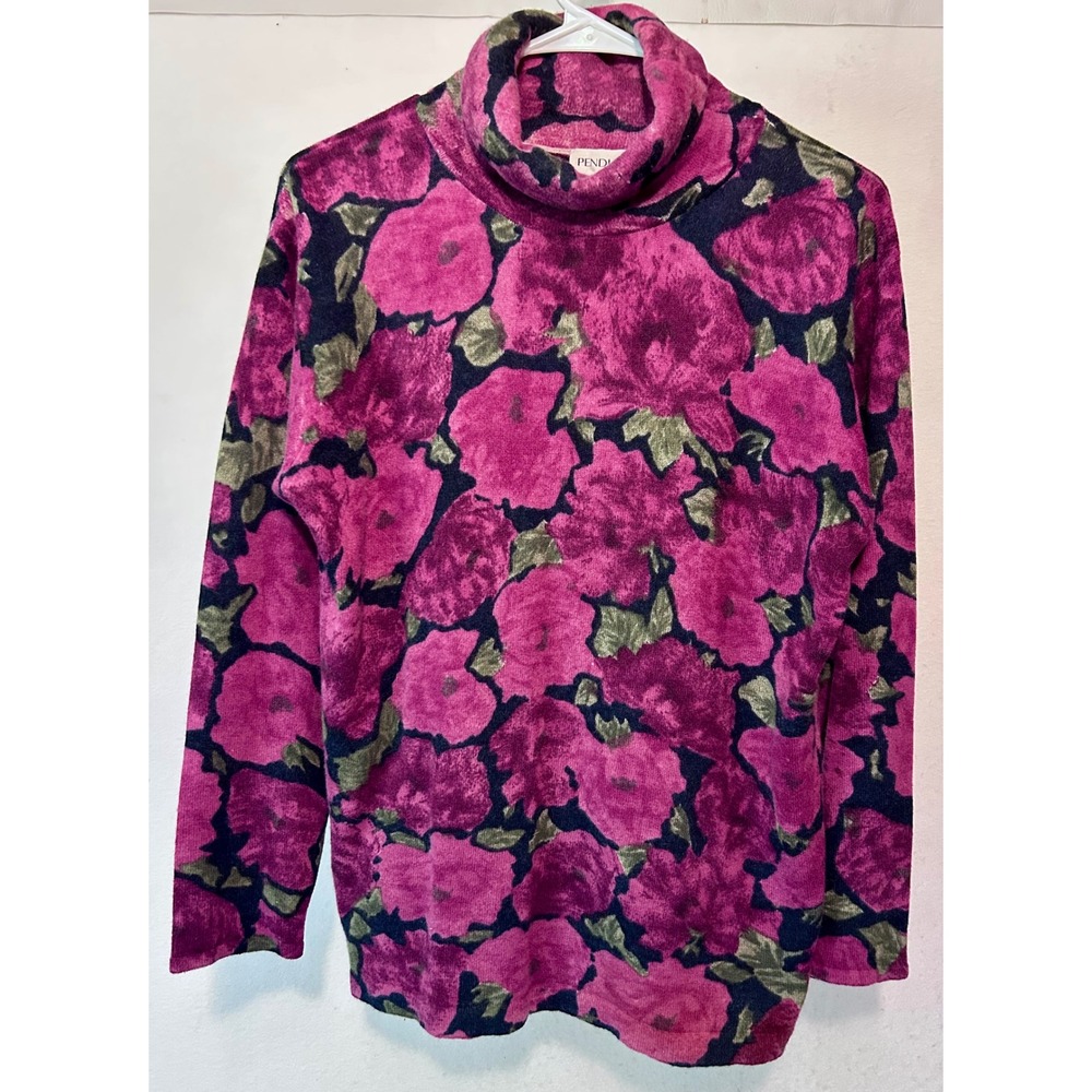 Vintage Pendleton Lambswool Angora Floral Turtleneck Sweater Magenta Purple M
